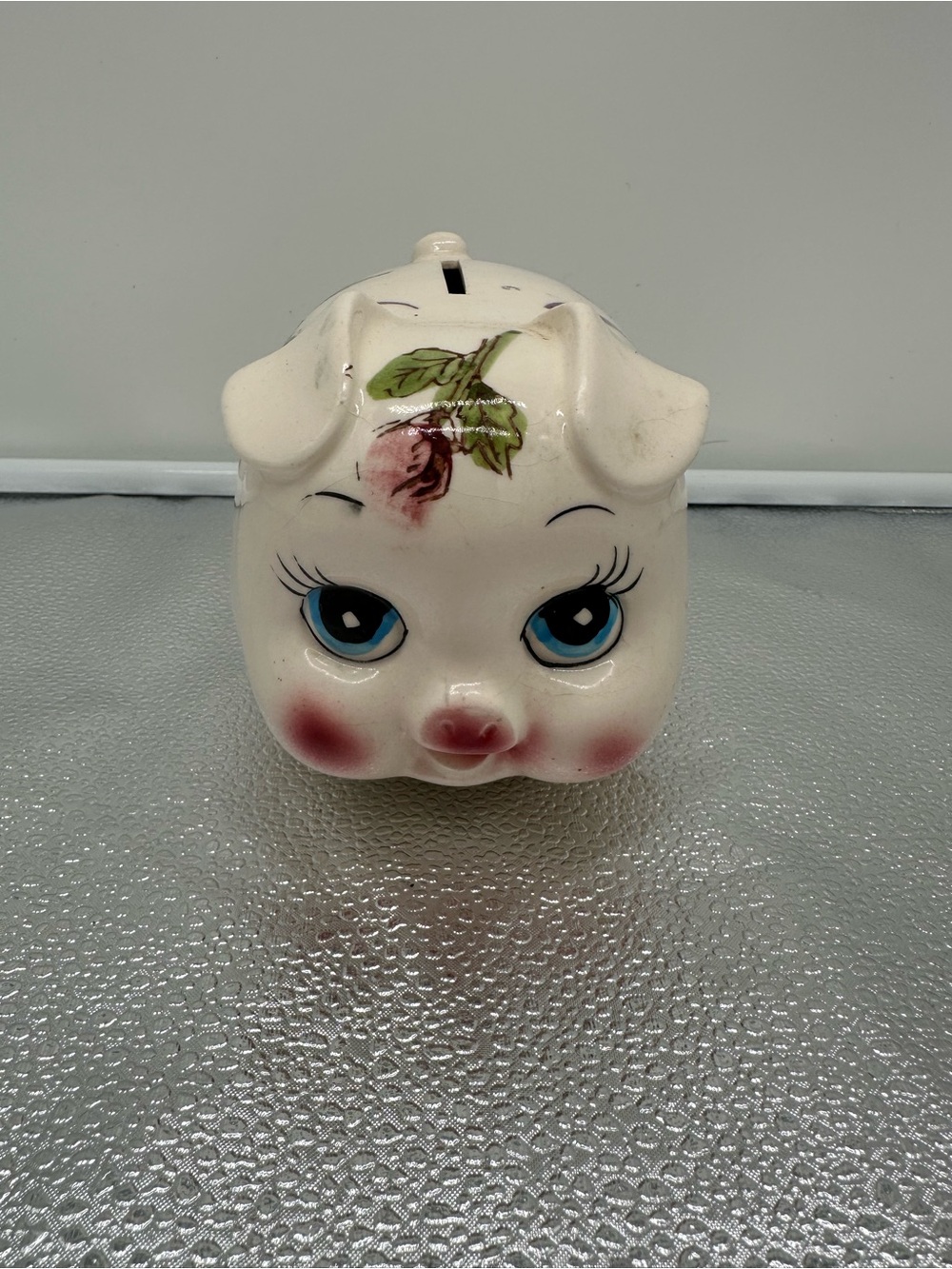 Vintage Ceramic Pig Coin Bank in Cream with Pink Accents